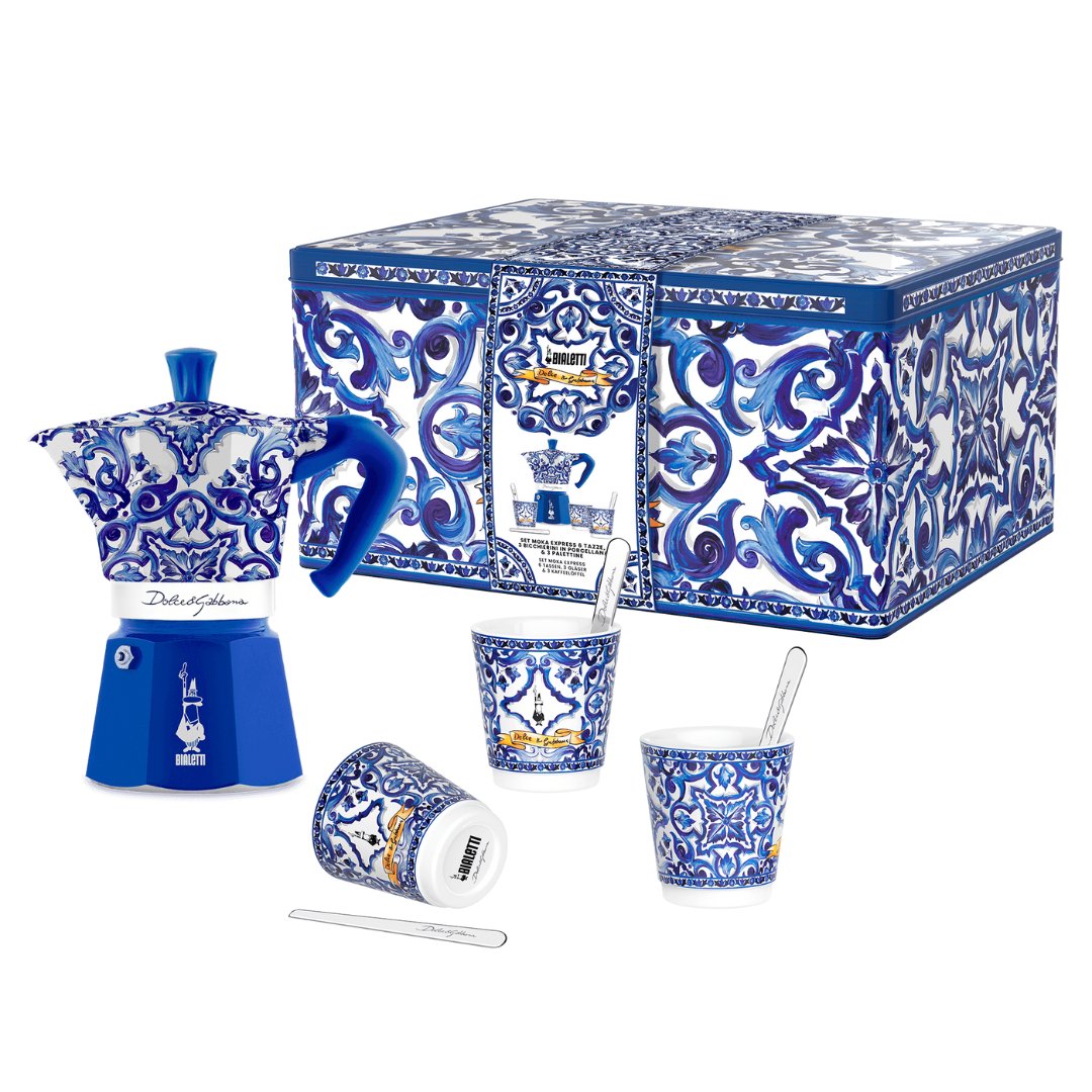 Bialetti Blu Med 6 cups D&G + 3 porcelain cups + 3 silver stirrers Gift Set - SALA Caffe Co